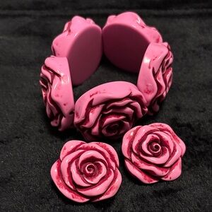 PINK Rose Bracelet and Earrings Set